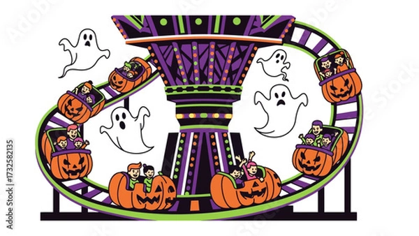 Fototapeta Halloween Carousel Adventure: A whimsical carousel ride, transforming into a Halloween-themed spectacle with pumpkin carriages and playful ghosts, inviting fun and fantasy. 