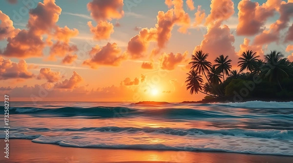 Fototapeta Tropical Beach Sunset with Palm Trees and Golden Sky