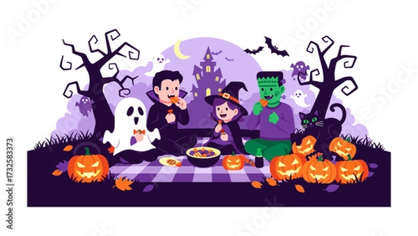 Fototapeta Halloween Picnic: A charming Halloween scene with classic monsters and festive elements. Featuring Dracula, a witch, Frankenstein, and a friendly ghost having a picnic among spooky pumpkins.
