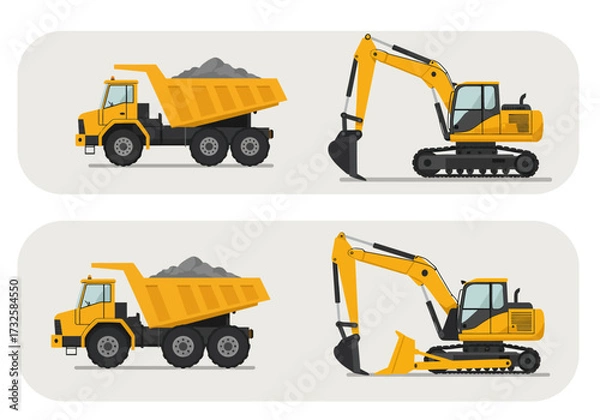 Obraz Illustration of yellow dump trucks carrying material and excavators with buckets, used in construction and earthmoving.