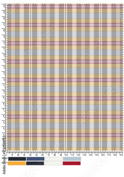 Fototapeta Seamless vector illustration of a pink squared paper sheet texture with a vintage brown pencil for a checkered school pattern backdrop
