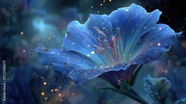 Fototapeta 青い花のクローズアップ 夜の背景にキラキラと輝く