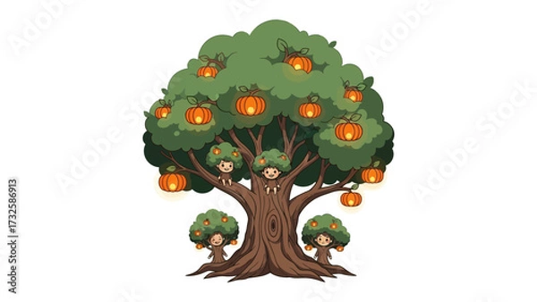 Fototapeta Enchanted Tree of Festivities: An illustrated tree is adorned with glowing lanterns, bringing a sense of magic and enchantment. This inviting scene creates the spirit of joy.