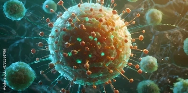 Fototapeta 緑と茶色の詳細なコロナウイルス細胞3Dレンダリング