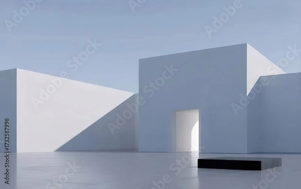 Obraz 白い幾何学的構造のミニマリストデザインと柔らかい青い空