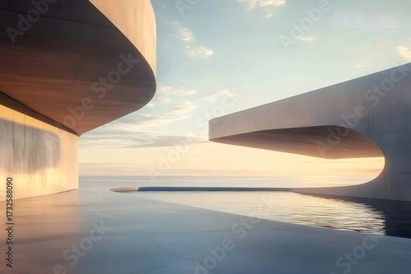 Obraz 曲面建築 空と海が織りなす静寂のプールサイド