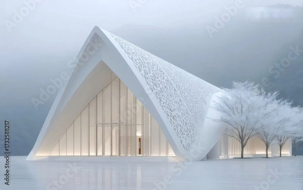 Obraz 霧の風景の中に佇むモダンな白いチャペルの外観