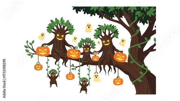 Fototapeta Halloween Forest with Pumpkins and Ghosts: A whimsical illustration depicts a spooky forest scene filled with grinning trees, glowing jack-o'-lanterns, and ethereal ghosts.