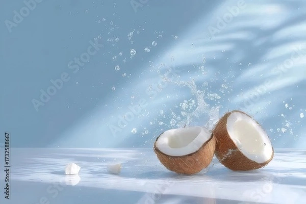 Obraz 割れたココナッツの半分が水しぶきと青い背景に