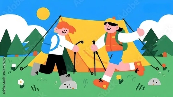 Obraz 女性と男性が楽しむキャンプ場の黄色のテント