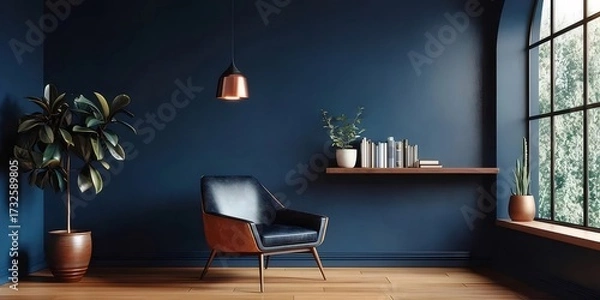 Obraz 室内 青い壁 黒い椅子 茶色の木製の床