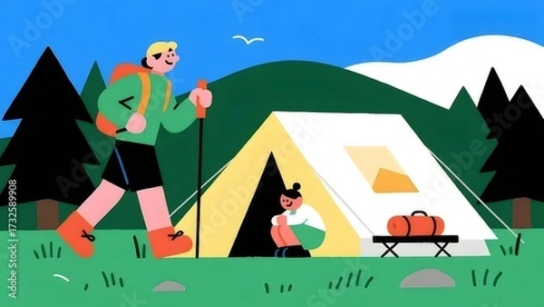 Obraz ハイキングカップルと黄色のテントと緑の山と木