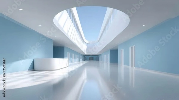 Obraz 青い壁のモダンな病院の廊下と吹き抜け