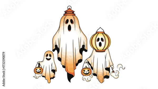Fototapeta Halloween Ghostly Gathering: An illustration shows charming Halloween ghosts. with smiling and holding a pumpkin carrying a lantern in a festive illustration.