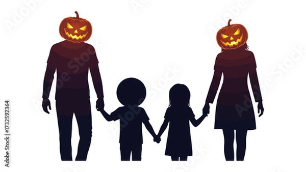 Fototapeta Spooky Halloween Family Silhouette: A captivating silhouette of a family, each member donning a glowing Jack-o'-lantern for heads, standing hand-in-hand, embodies the essence of Halloween.