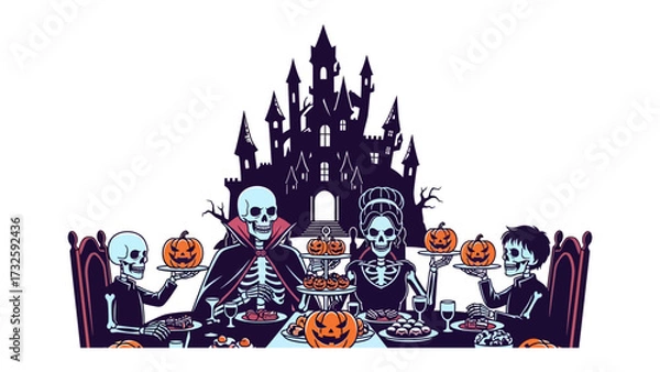 Fototapeta Spooky Halloween Feast: A chilling Halloween scene unfolds as skeletons gather around a festive table, featuring eerie pumpkins, a gothic castle backdrop.