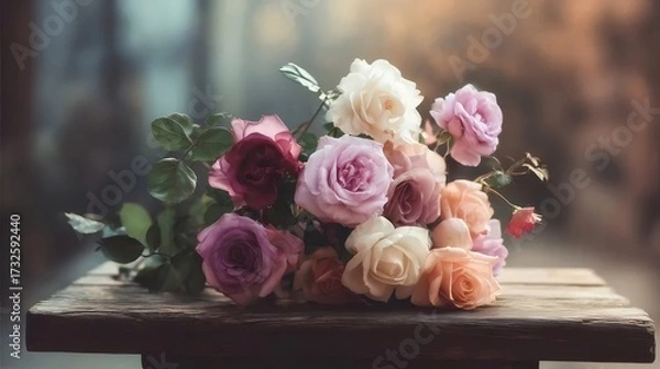 Fototapeta 木製テーブル上のバラの美しい花束の配置