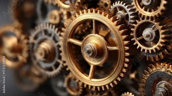 Obraz 金色歯車メカニズム詳細クローズアップ グレートーン背景