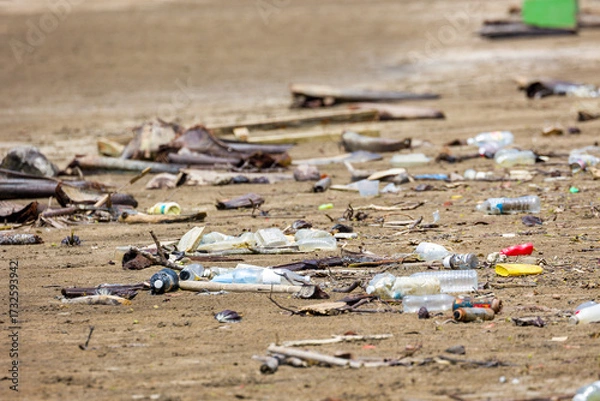 Obraz Plastic bottles and other garbage washed ashore on a sandy beach in Borneo