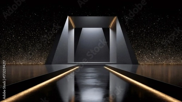 Obraz 光沢のある黒い表面の抽象的な金色の粒子背景