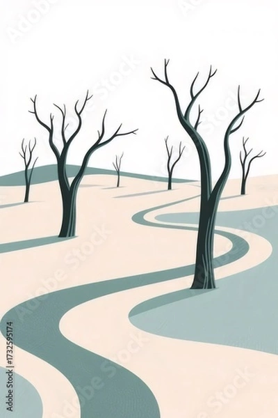 Obraz 裸の木と青い道のあるミニマルな風景イラストレーション