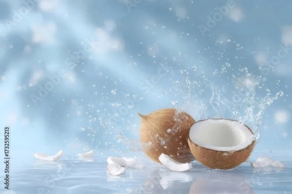 Obraz 輝く水しぶきの中の割れたココナッツと背景