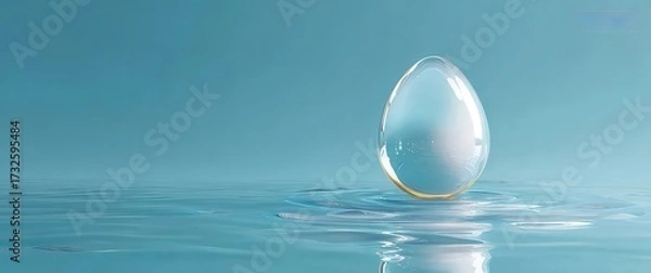 Obraz 水面上の光る卵の静物写真、青い背景