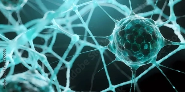 Obraz ターコイズ色のニューロンネットワークとブラックバックグラウンド