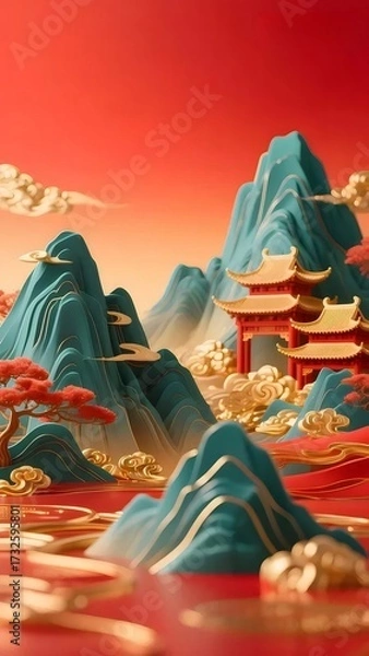 Obraz 赤い空の下の緑の山々と日本の建造物