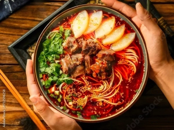 Obraz 手で持っているスパイシーな牛肉麺と梨スライス