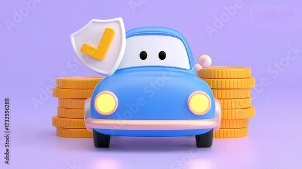 Obraz 青い車の漫画のキャラクターと金のコインのスタック