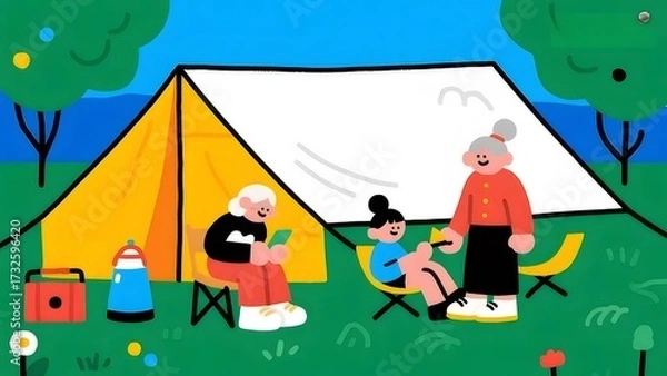 Obraz 家族のキャンプ 黄色のテントと緑の風景のイラスト