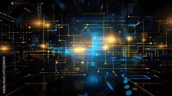 Obraz 抽象的な青と金の回路基板ネットワーク