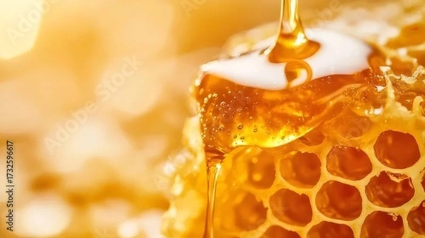 Obraz ゴールデンハニカムから蜂蜜が滴るクローズアップショット