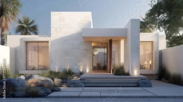 Obraz 白い幾何学的住宅の正面の自然光