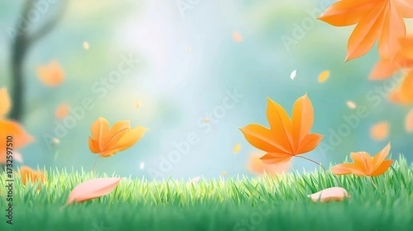 Obraz オレンジの葉と緑の草の穏やかな秋の背景