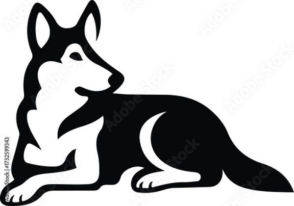 Obraz Husky dog lying down black and white vector, Resting husky silhouette illustration