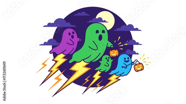 Fototapeta Spooky Halloween Spirits: A playful illustration of ghostly figures gliding through a night sky adorned with lightning bolts, and holding jack-o'-lanterns.