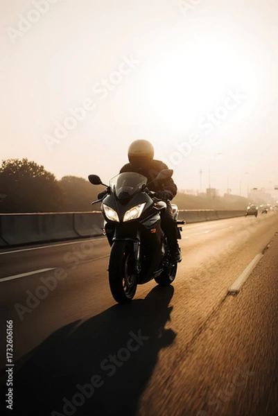 Fototapeta A motorcyclist on a sports bike rides on the freeway.created with the help of artificial intelligence.