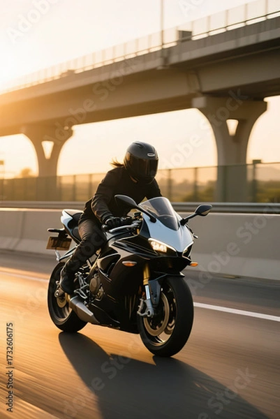 Fototapeta A motorcyclist on a sports bike rides on the freeway.created with the help of artificial intelligence.