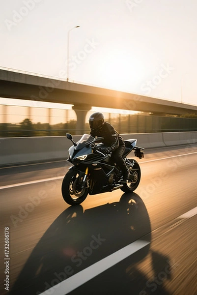 Fototapeta A motorcyclist on a sports bike rides on the freeway.created with the help of artificial intelligence.