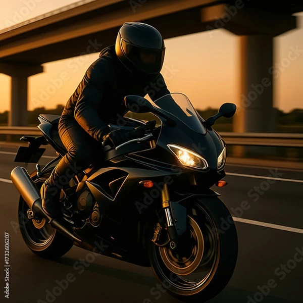 Fototapeta A motorcyclist on a sports bike rides on the freeway.created with the help of artificial intelligence.