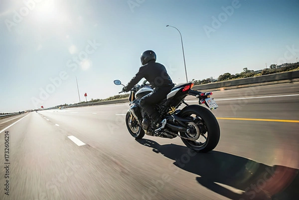 Fototapeta A motorcyclist on a sports bike rides on the freeway.created with the help of artificial intelligence.