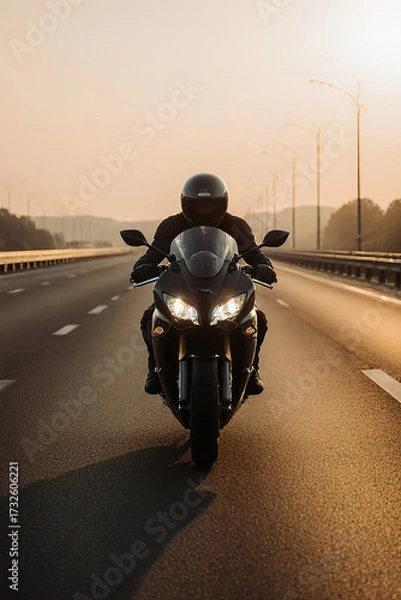 Fototapeta A motorcyclist on a sports bike rides on the freeway.created with the help of artificial intelligence.