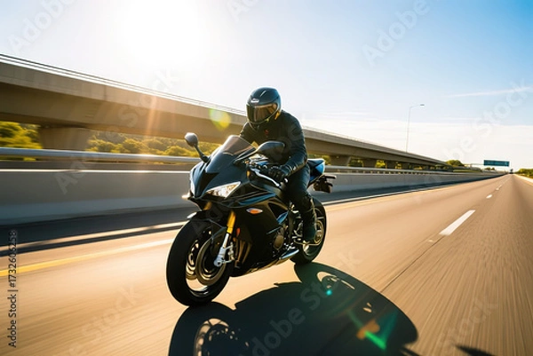 Fototapeta A motorcyclist on a sports bike rides on the freeway.created with the help of artificial intelligence.