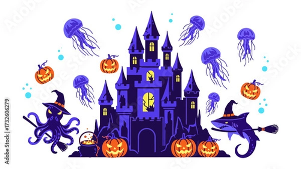 Fototapeta Spooky Castle and Halloween Symbols: An illustrated Halloween scene with a haunted castle, playful sea creatures, and carved pumpkins create a fun, festive vibe.