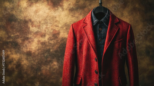 Fototapeta Elegant red suit displayed on a black mannequin against a textured, warm-toned background in a stylish boutique
