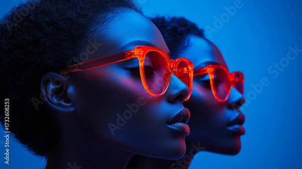 Fototapeta Two individuals showcase vibrant style with bold sunglasses under colorful lighting at an evening event