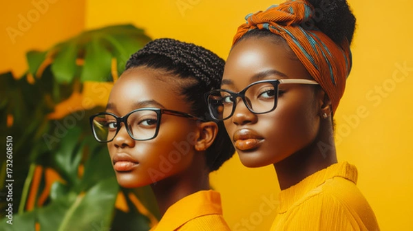 Fototapeta Unique twin sisters wearing glasses pose confidently against a vibrant yellow background in an expressive portrait