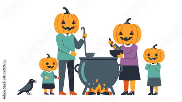 Fototapeta Spooky Family Halloween Celebration: A whimsical, artistically crafted illustration depicts a cheerful family of jack-o'-lantern-headed characters gathered around a bubbling cauldron. 